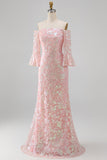 Sparkly Blush Floral Mermaid Long Beaded Mother of the Bride Dress with Sleeves