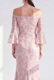 Sparkly Blush Floral Mermaid Long Beaded Mother of the Bride Dress with Sleeves
