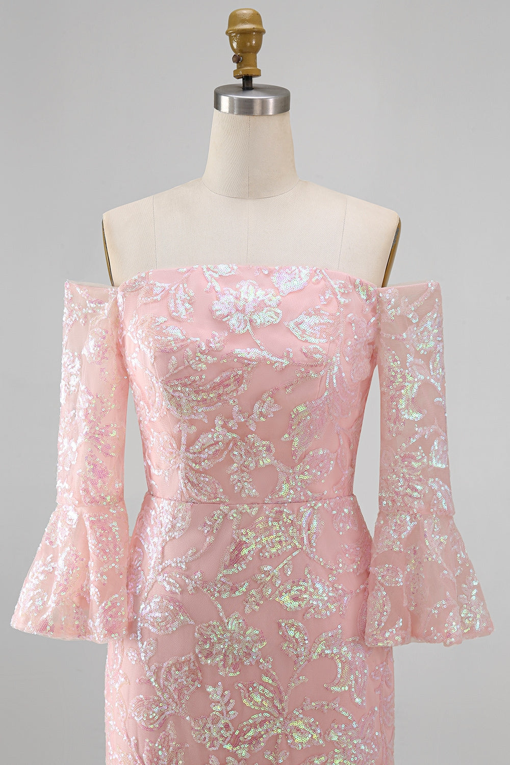 Sparkly Blush Floral Mermaid Long Beaded Mother of the Bride Dress with Sleeves