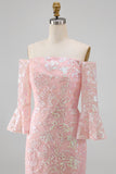 Sparkly Blush Floral Mermaid Long Beaded Mother of the Bride Dress with Sleeves