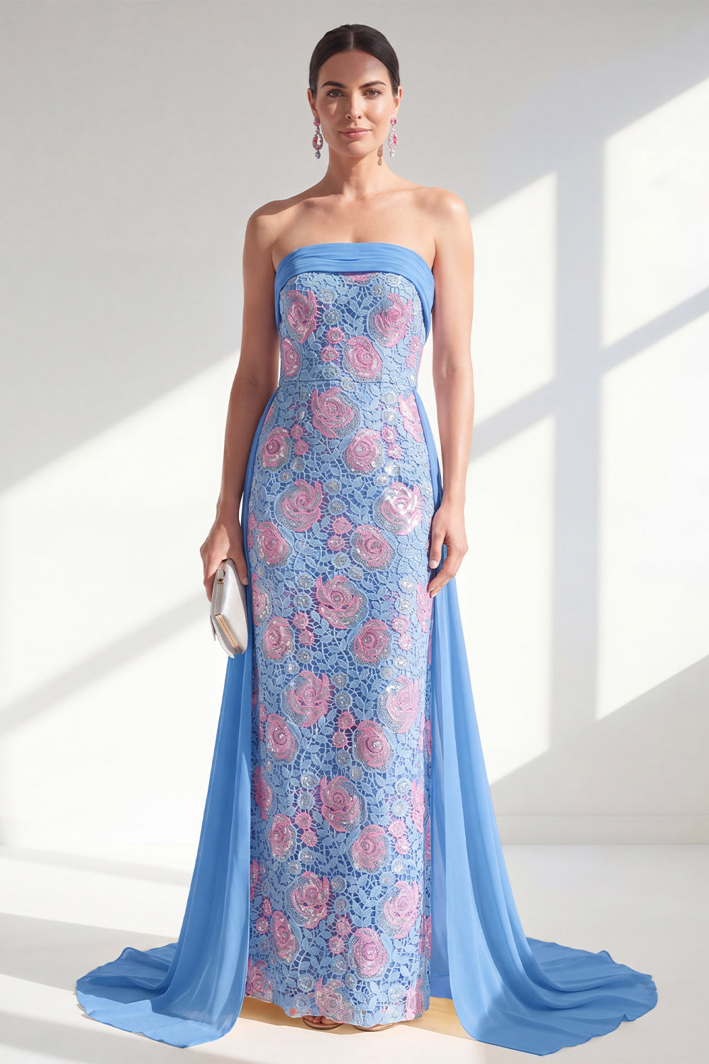Strapless Floral Lace Sparkly Blue Sheath Long Beaded Mother of the Bride Dress with Cape