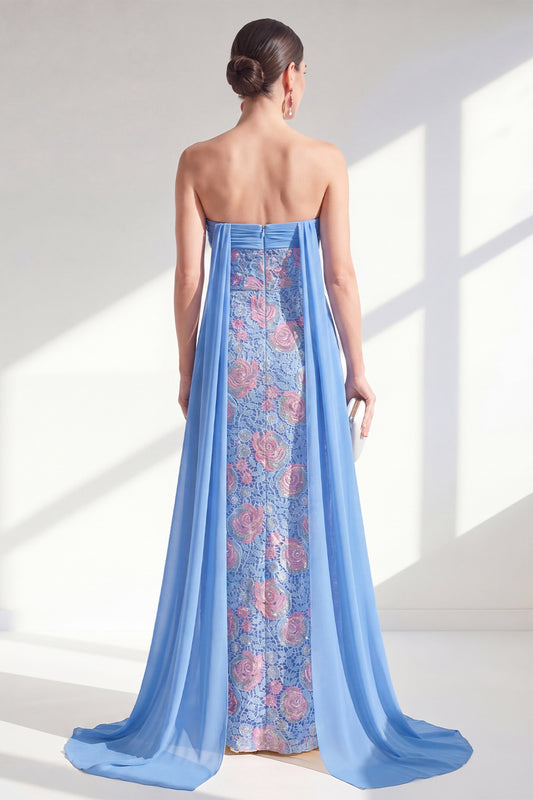 Strapless Floral Lace Sparkly Blue Sheath Long Beaded Mother of the Bride Dress with Cape
