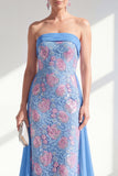 Strapless Floral Lace Sparkly Blue Sheath Long Beaded Mother of the Bride Dress with Cape