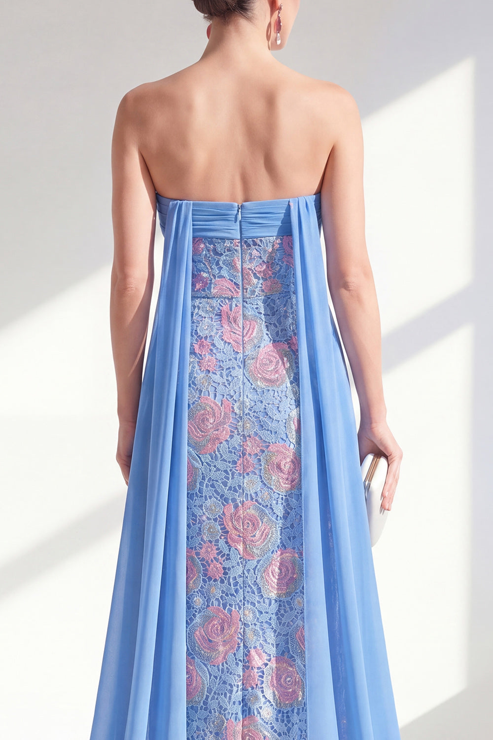 Strapless Floral Lace Sparkly Blue Sheath Long Beaded Mother of the Bride Dress with Cape