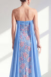 Strapless Floral Lace Sparkly Blue Sheath Long Beaded Mother of the Bride Dress with Cape
