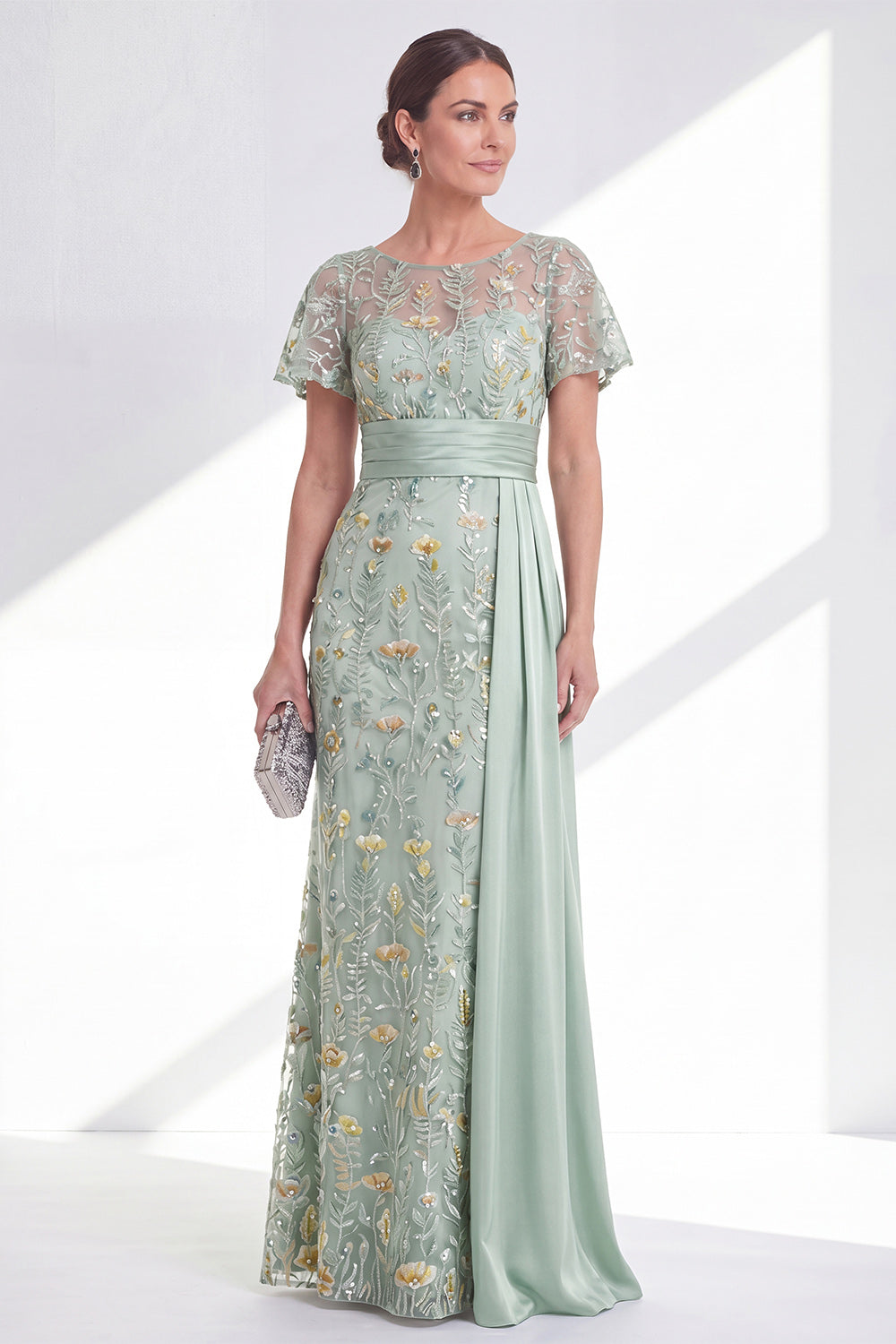 Long Floral Beaded Green Mermaid Mother of the Bride Dress with Side Cape