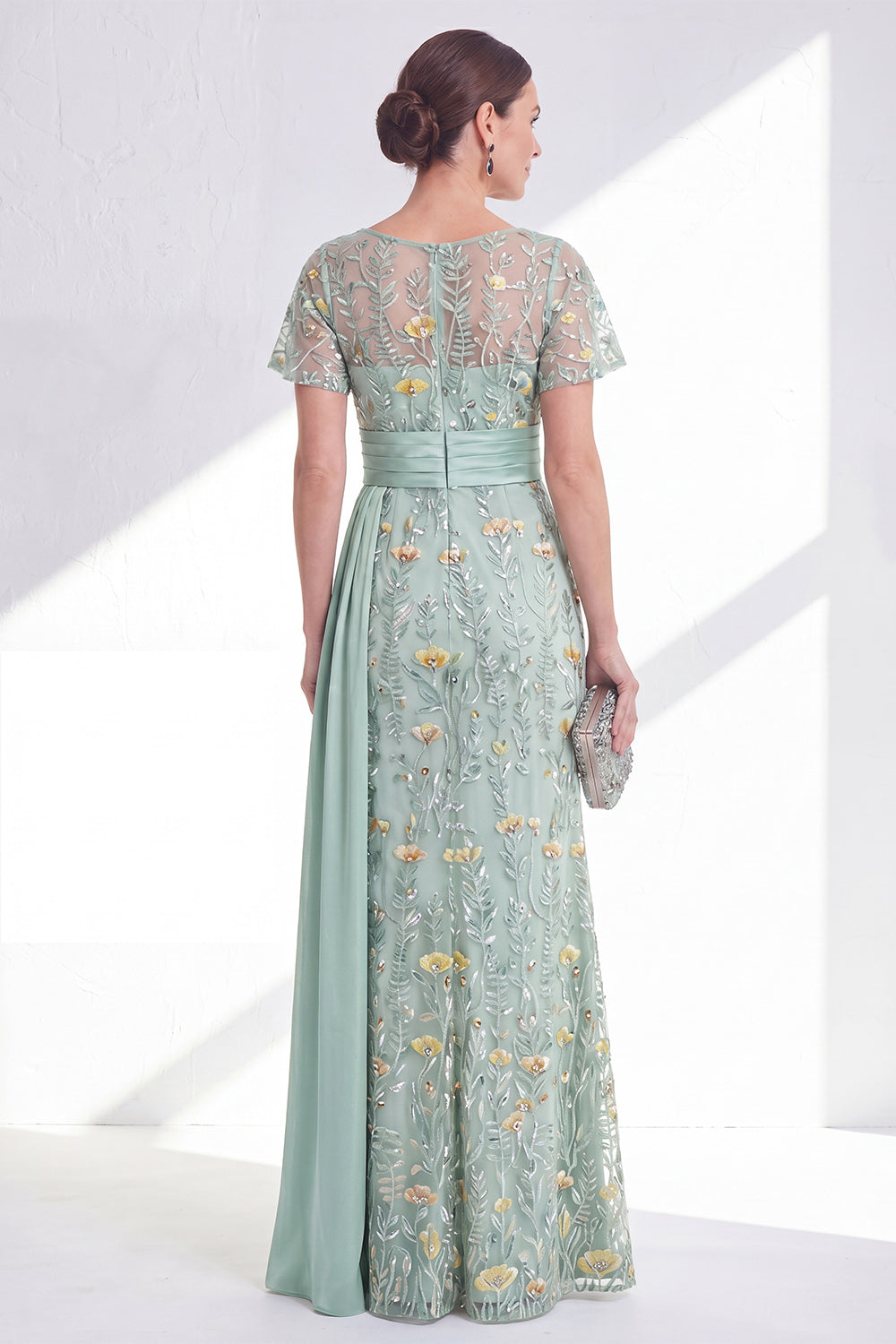 Long Floral Beaded Green Mermaid Mother of the Bride Dress with Side Cape