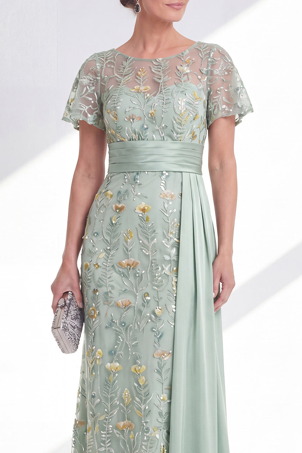 Long Floral Beaded Green Mermaid Mother of the Bride Dress with Side Cape