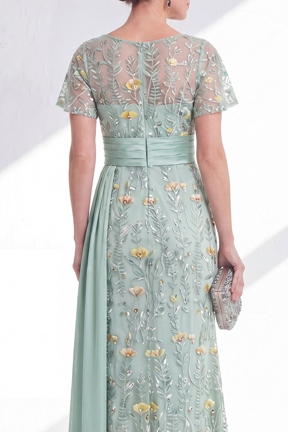 Long Floral Beaded Green Mermaid Mother of the Bride Dress with Side Cape