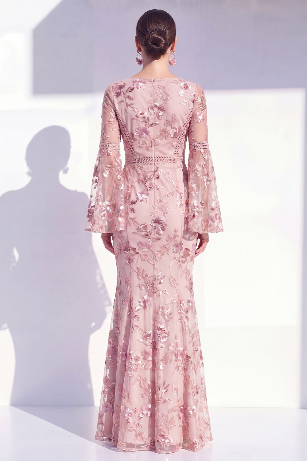 Floral Blush Boat Neck Mermaid Long Beaded Mother of the Bride Dress