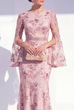 Floral Blush Boat Neck Mermaid Long Beaded Mother of the Bride Dress