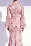 Floral Blush Boat Neck Mermaid Long Beaded Mother of the Bride Dress