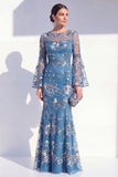 Floral Blush Boat Neck Mermaid Long Beaded Mother of the Bride Dress
