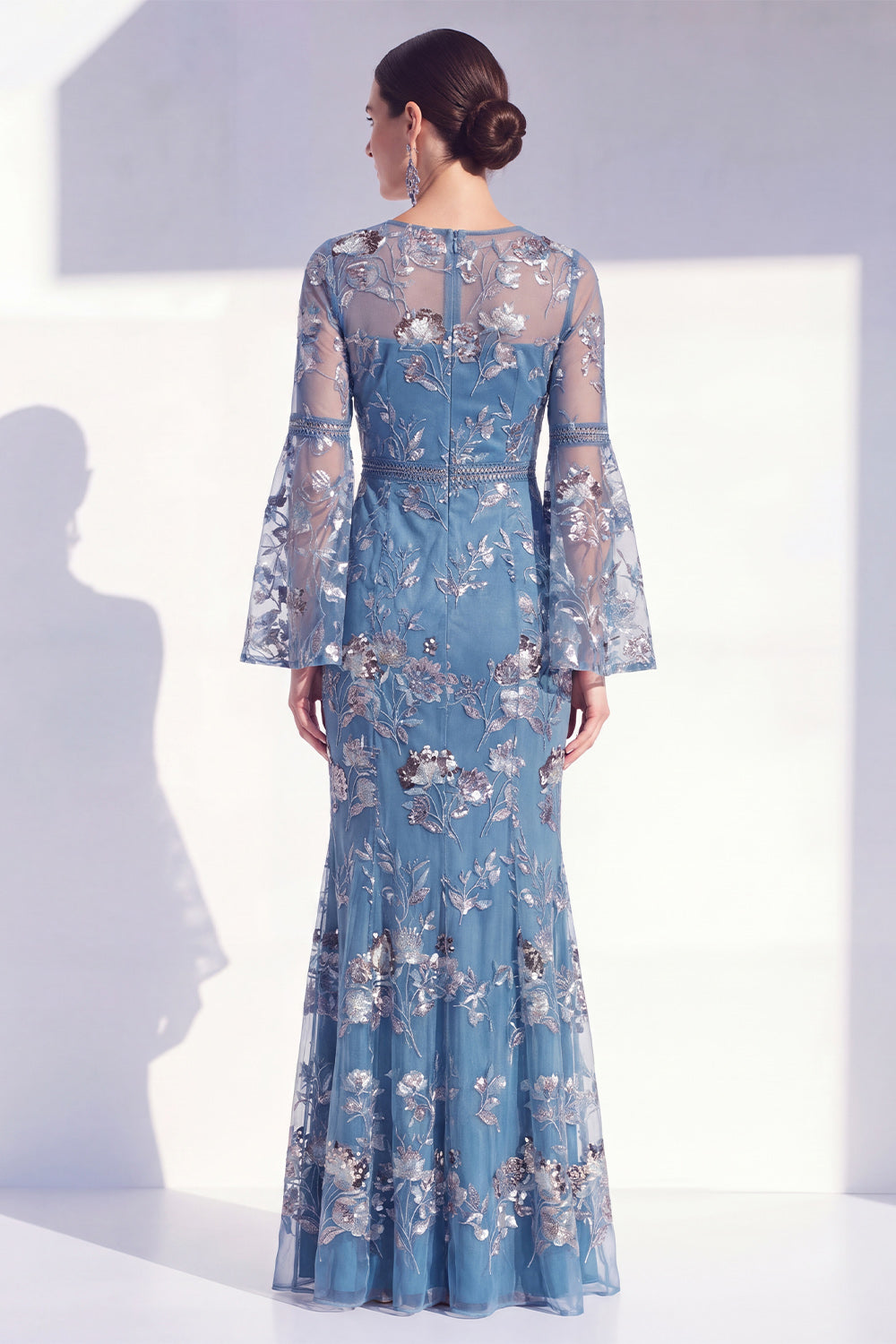 Floral Blush Boat Neck Mermaid Long Beaded Mother of the Bride Dress