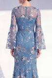 Floral Blush Boat Neck Mermaid Long Beaded Mother of the Bride Dress