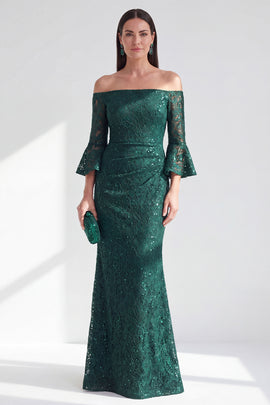 Sparkly Dark Green Mermaid Long Lace Beaded Mother of the Bride Dress with Sleeves