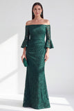 Sparkly Dark Green Mermaid Long Lace Beaded Mother of the Bride Dress with Sleeves