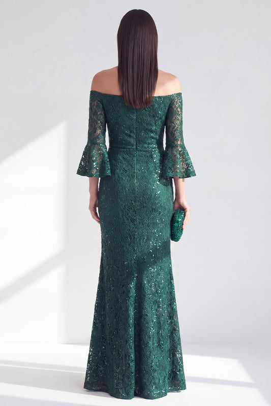 Sparkly Dark Green Mermaid Long Lace Beaded Mother of the Bride Dress with Sleeves