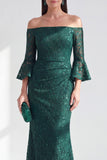 Sparkly Dark Green Mermaid Long Lace Beaded Mother of the Bride Dress with Sleeves
