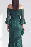 Sparkly Dark Green Mermaid Long Lace Beaded Mother of the Bride Dress with Sleeves
