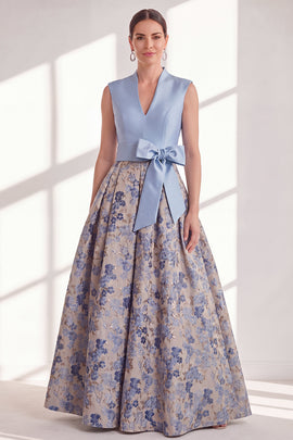 A Line Blue V-Neck Long Jacquard Floral Mother of the Bride Dress with Bow