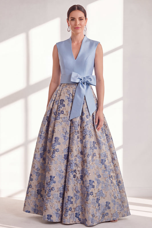 A Line Blue V-Neck Long Jacquard Floral Mother of the Bride Dress with Bow