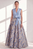 A Line Blue V-Neck Long Jacquard Floral Mother of the Bride Dress with Bow