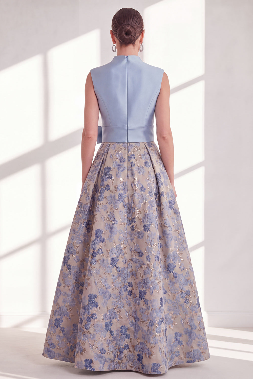 A Line Blue V-Neck Long Jacquard Floral Mother of the Bride Dress with Bow