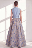 A Line Blue V-Neck Long Jacquard Floral Mother of the Bride Dress with Bow
