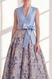 A Line Blue V-Neck Long Jacquard Floral Mother of the Bride Dress with Bow