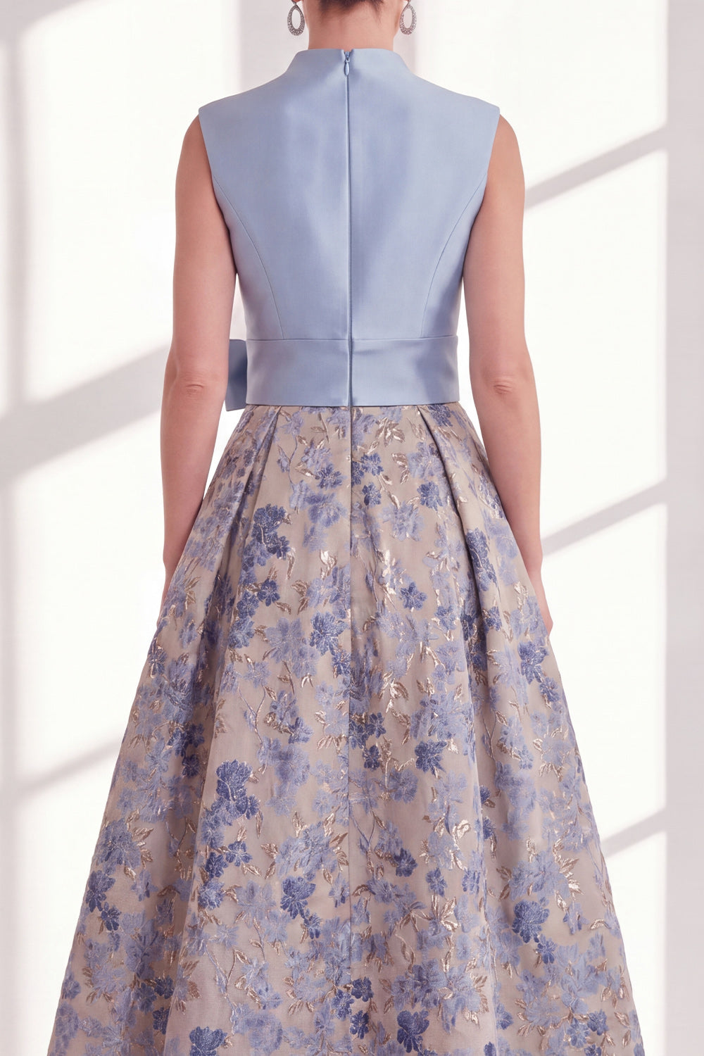 A Line Blue V-Neck Long Jacquard Floral Mother of the Bride Dress with Bow