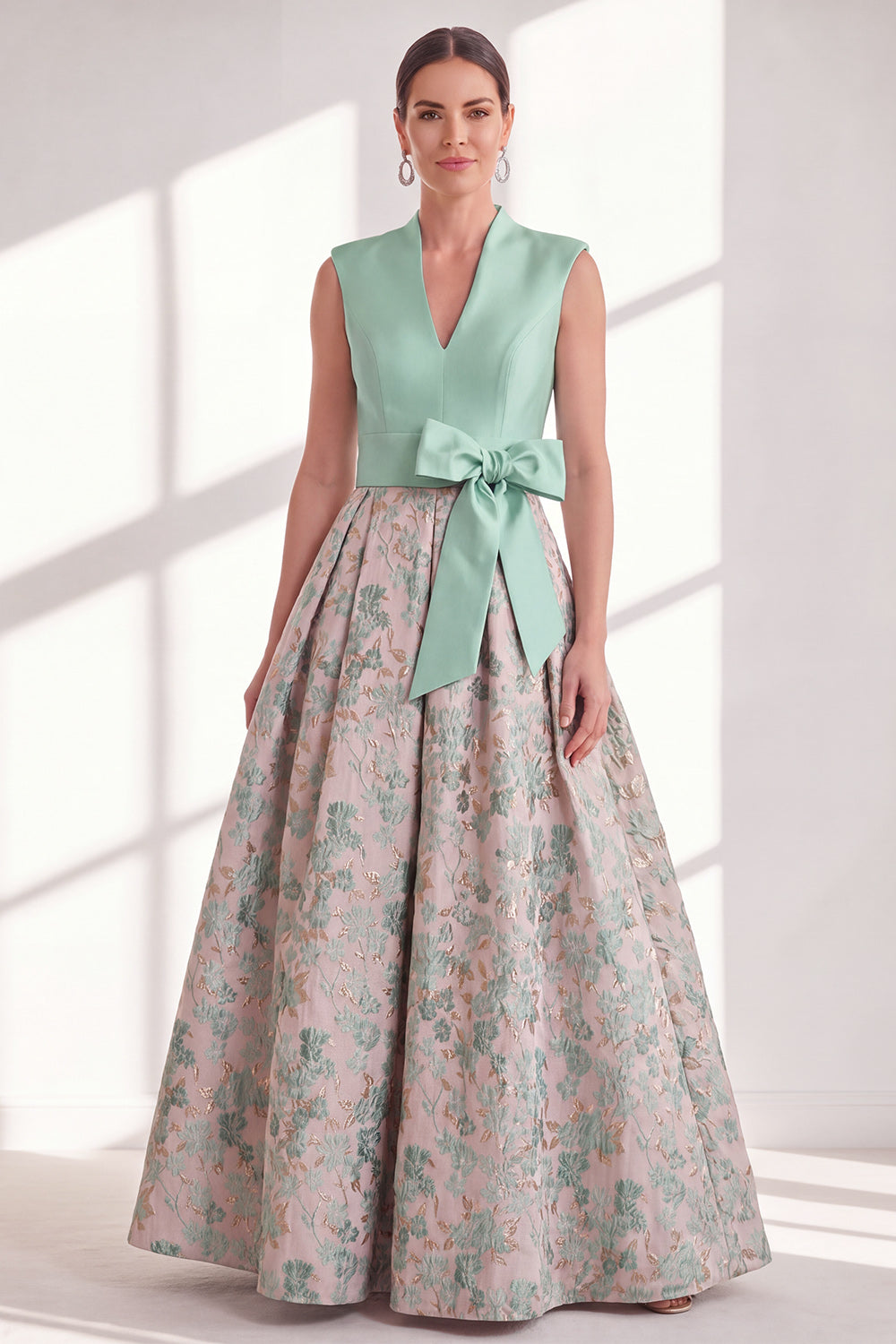 A Line Blue V-Neck Long Jacquard Floral Mother of the Bride Dress with Bow