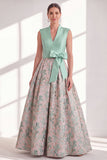 A Line Blue V-Neck Long Jacquard Floral Mother of the Bride Dress with Bow