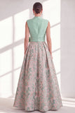 A Line Blue V-Neck Long Jacquard Floral Mother of the Bride Dress with Bow
