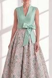 A Line Blue V-Neck Long Jacquard Floral Mother of the Bride Dress with Bow
