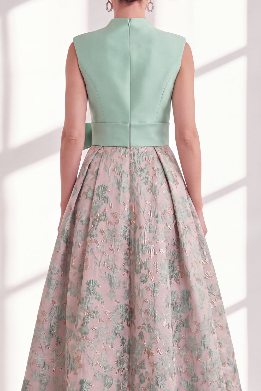 A Line Blue V-Neck Long Jacquard Floral Mother of the Bride Dress with Bow