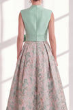 A Line Blue V-Neck Long Jacquard Floral Mother of the Bride Dress with Bow