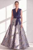 A Line Blue V-Neck Long Jacquard Floral Mother of the Bride Dress with Bow