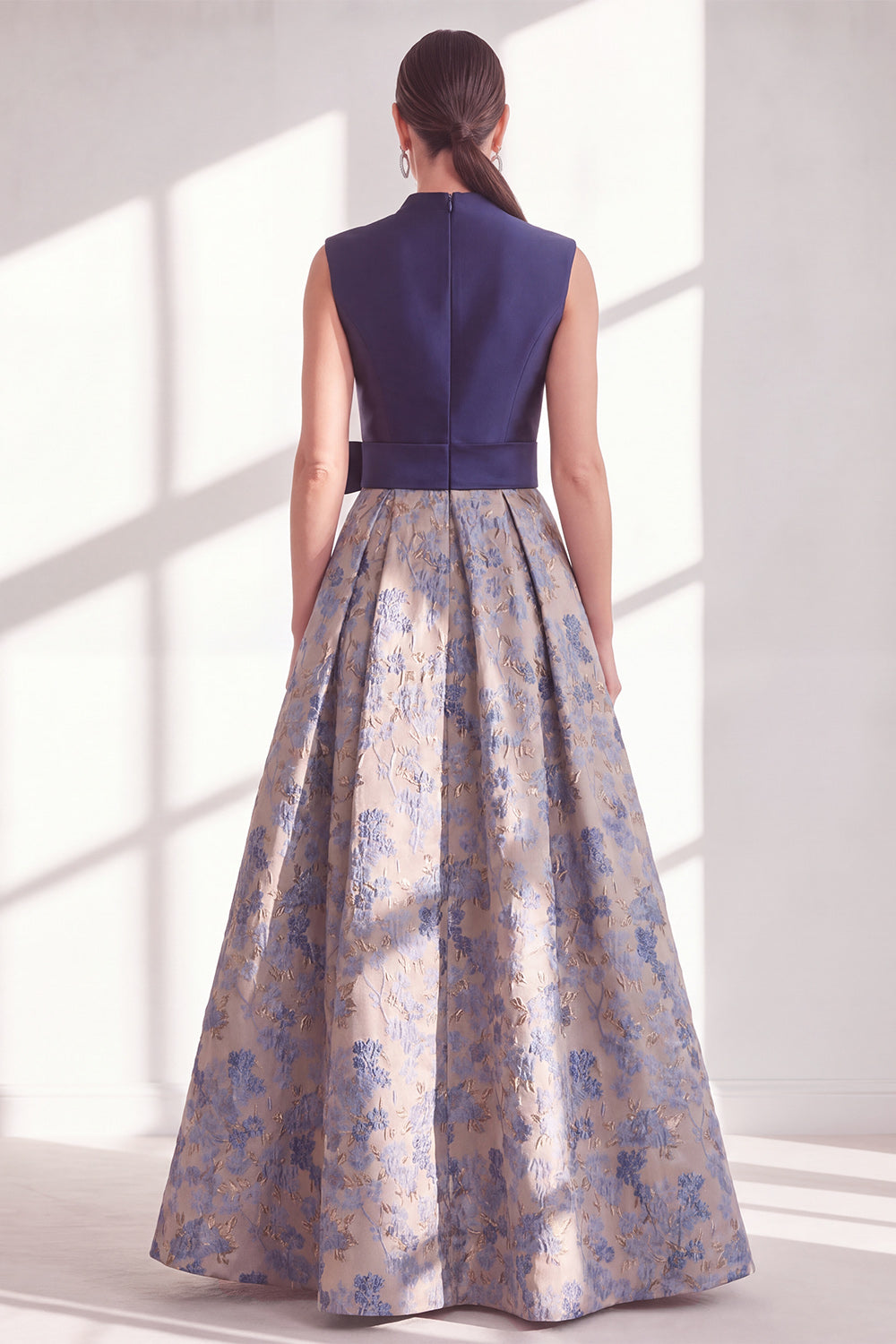 A Line Blue V-Neck Long Jacquard Floral Mother of the Bride Dress with Bow