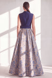 A Line Blue V-Neck Long Jacquard Floral Mother of the Bride Dress with Bow
