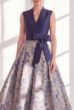 A Line Blue V-Neck Long Jacquard Floral Mother of the Bride Dress with Bow