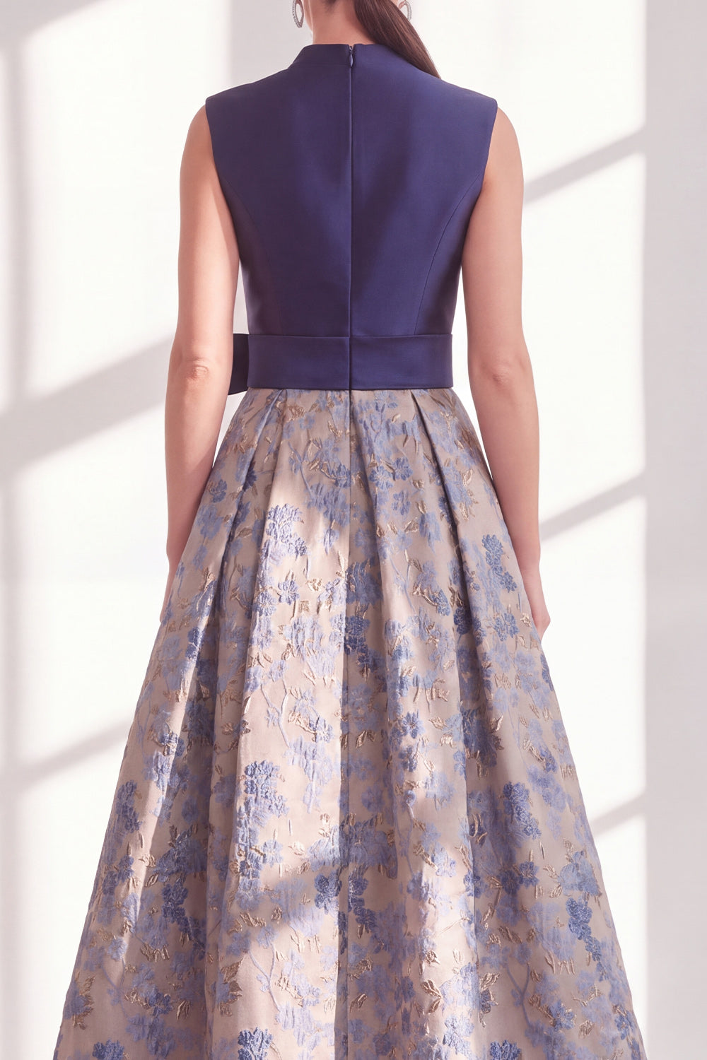 A Line Blue V-Neck Long Jacquard Floral Mother of the Bride Dress with Bow