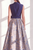 A Line Blue V-Neck Long Jacquard Floral Mother of the Bride Dress with Bow