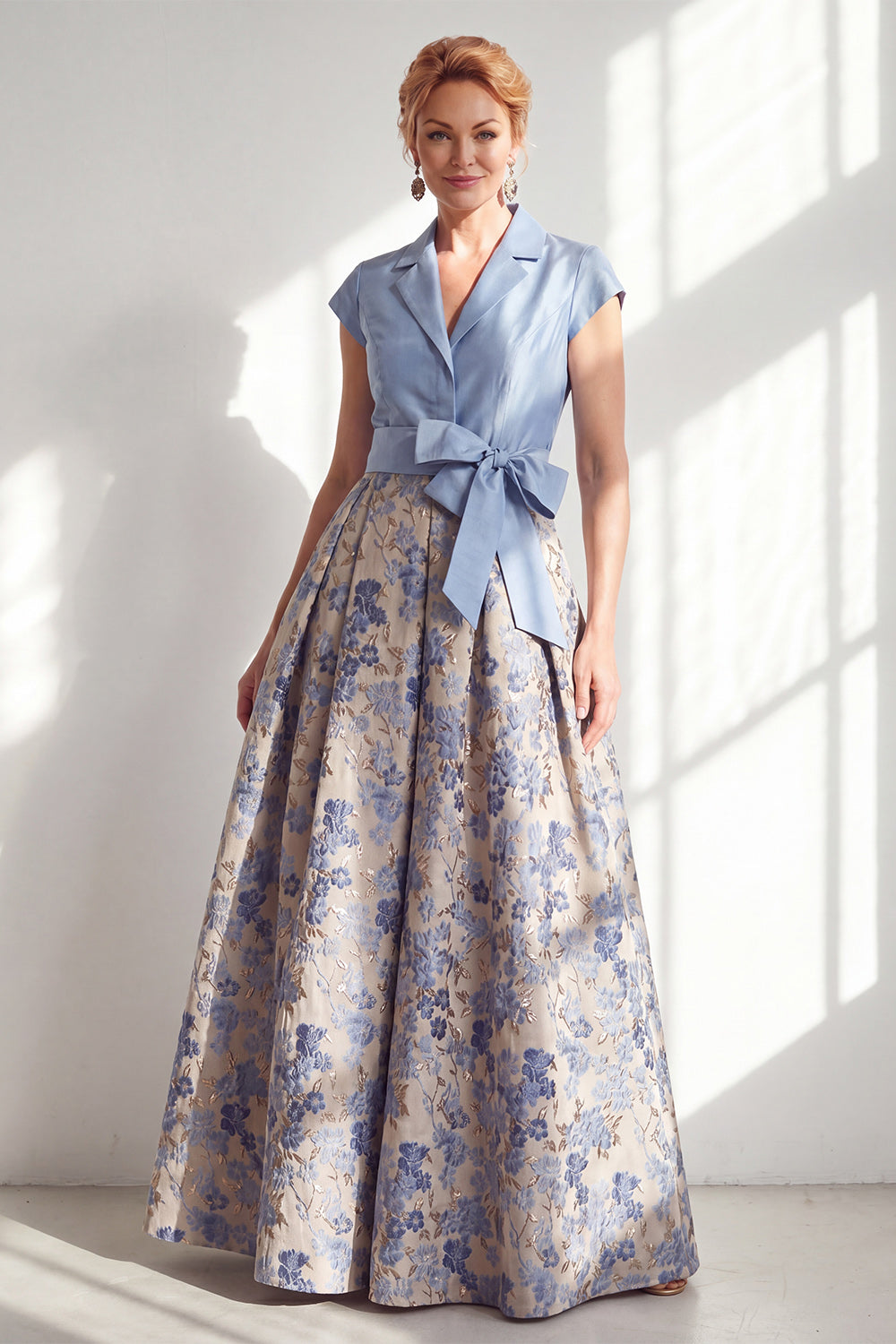 Navy Long Jacquard A Line Floral Mother of the Bride Dress with Bow
