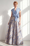 Navy Long Jacquard A Line Floral Mother of the Bride Dress with Bow