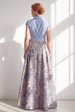 Navy Long Jacquard A Line Floral Mother of the Bride Dress with Bow