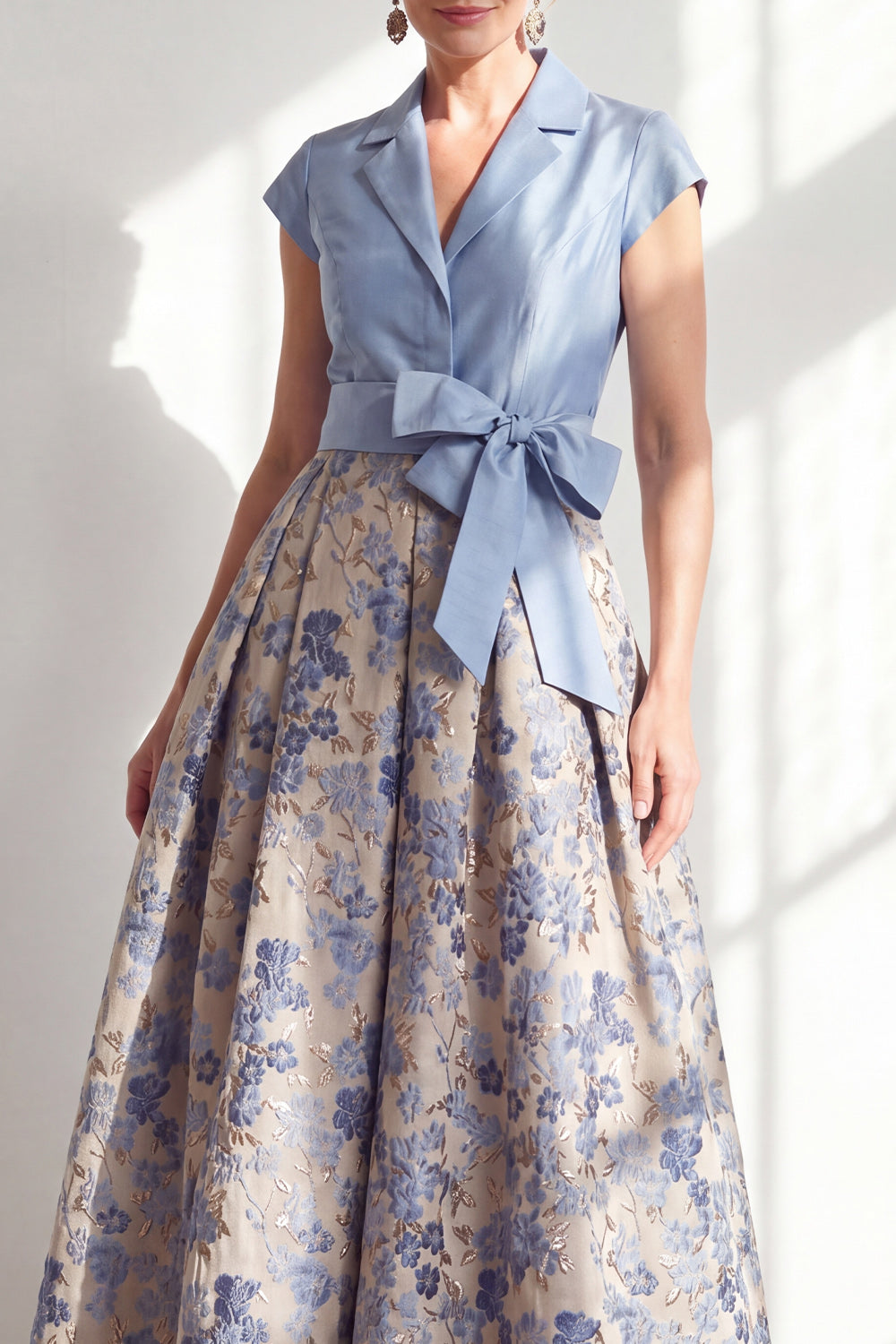Navy Long Jacquard A Line Floral Mother of the Bride Dress with Bow