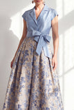 Navy Long Jacquard A Line Floral Mother of the Bride Dress with Bow