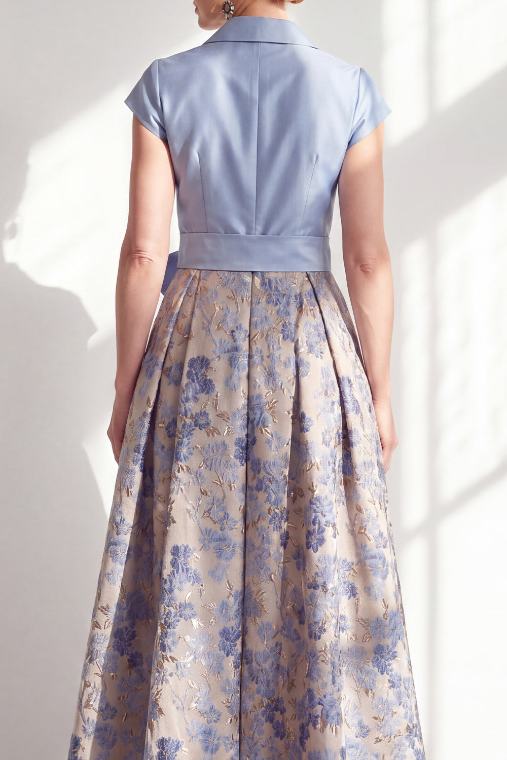 Navy Long Jacquard A Line Floral Mother of the Bride Dress with Bow
