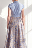 Navy Long Jacquard A Line Floral Mother of the Bride Dress with Bow